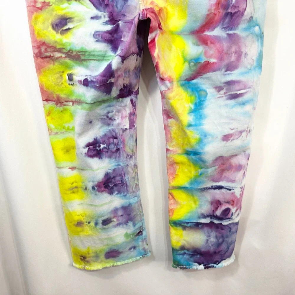 Crown & Ivy Sz 16 Capri Jeans‎ Handmade Tie Dye Denim Yellow Purple Raw Hem 1478